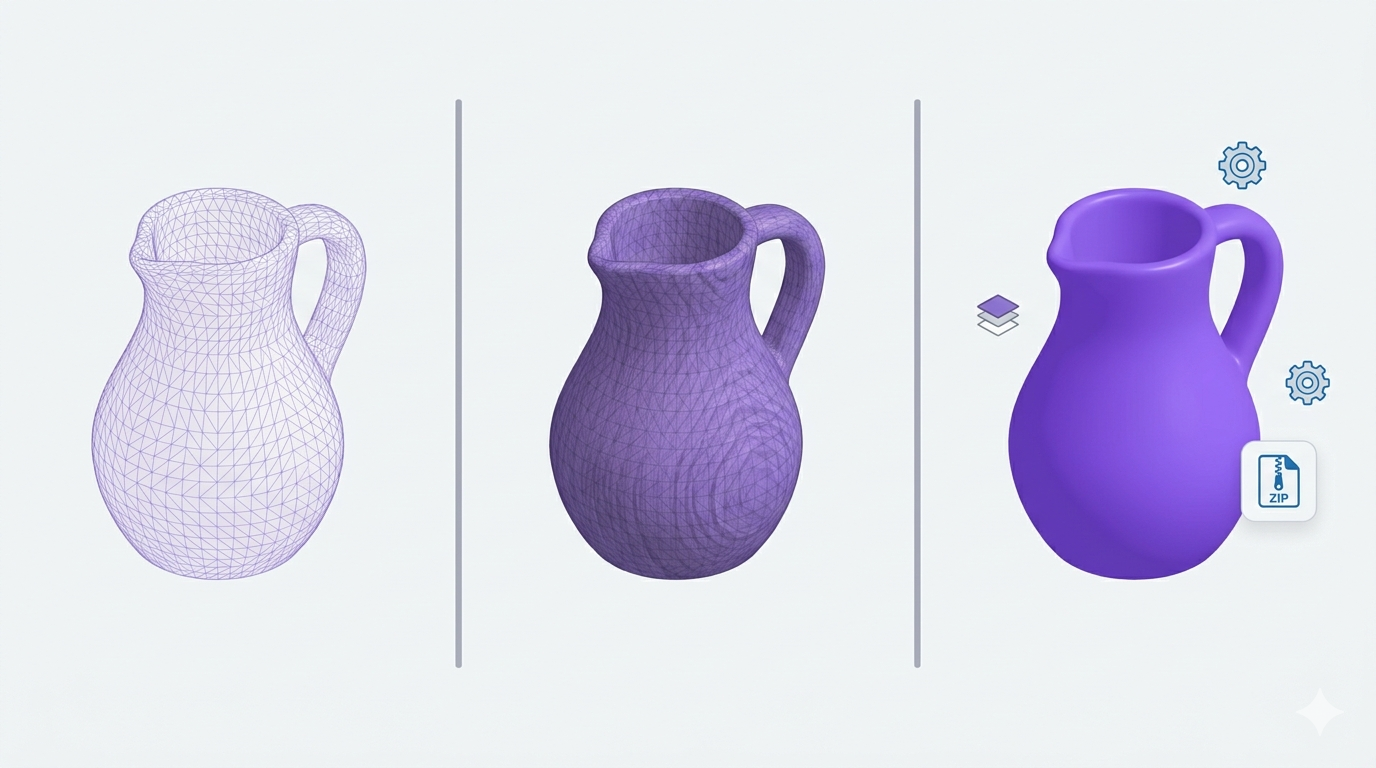 Comparativa visual de los formatos STL, OBJ y 3MF para impresión 3D.