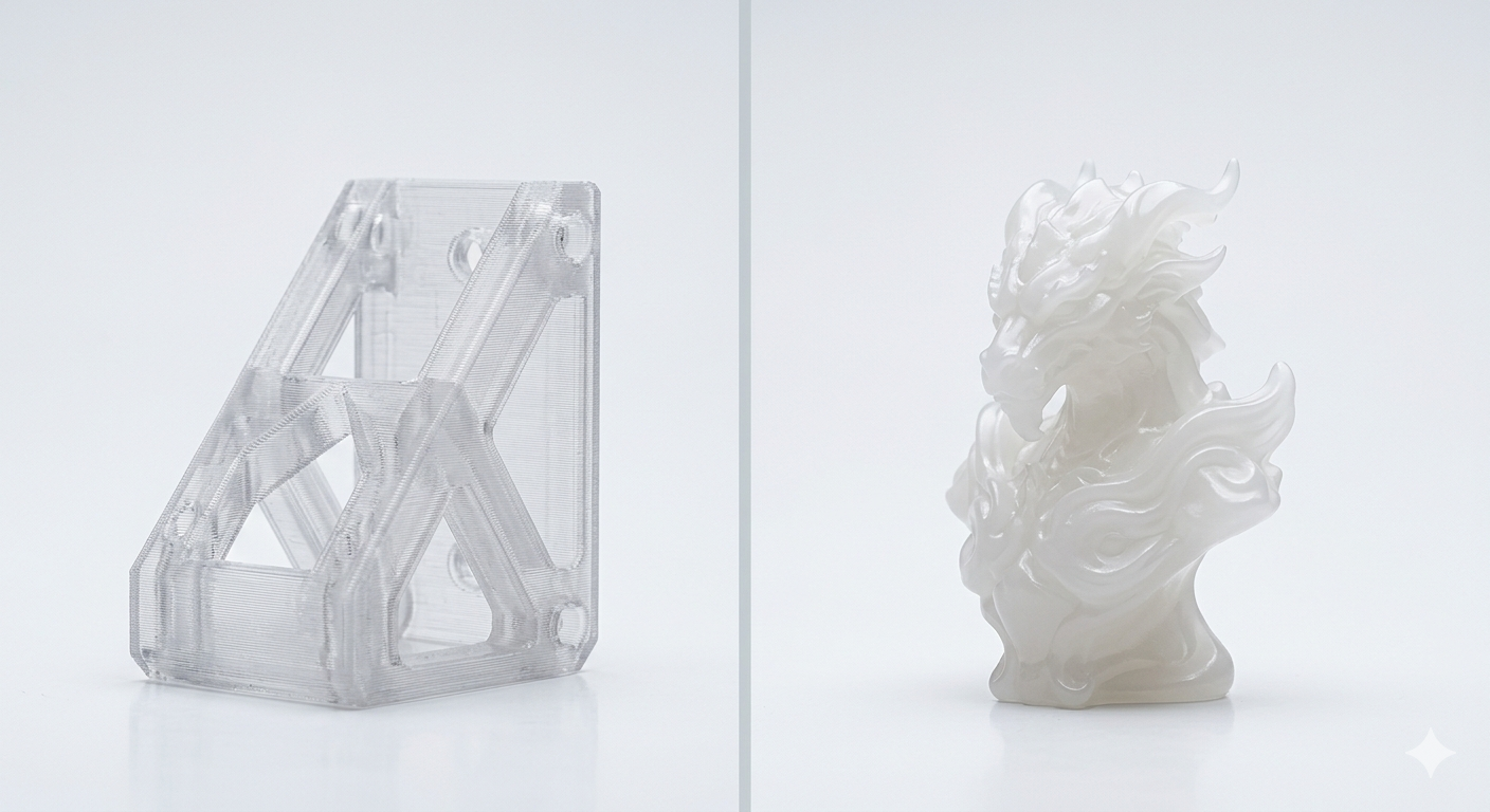 Guía completa de impresión 3D - Comparativa visual entre piezas impresas en FDM y resina SLA